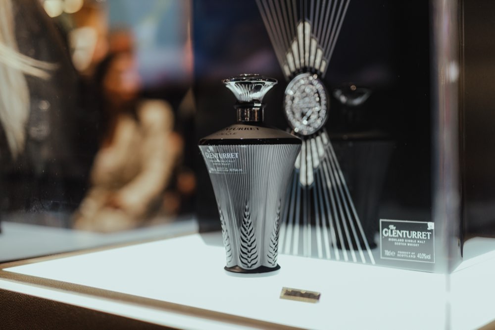 The Glenturret by Lalique Highland single malt Scotch whisky decanter on display